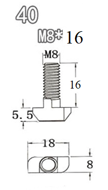 Tornillo Cabeza T, M8 x 16 mm, para montajes en perfiles de aluminio 40mm (2 piezas)