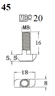 Tornillo Cabeza T, M8 x 20 mm, para montajes en perfiles de aluminio 45mm